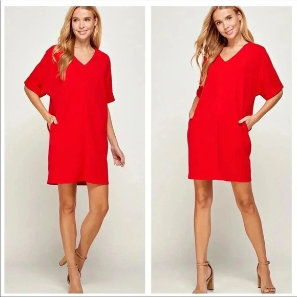 H Halston red side pockets mini dress - Picture 1 of 7